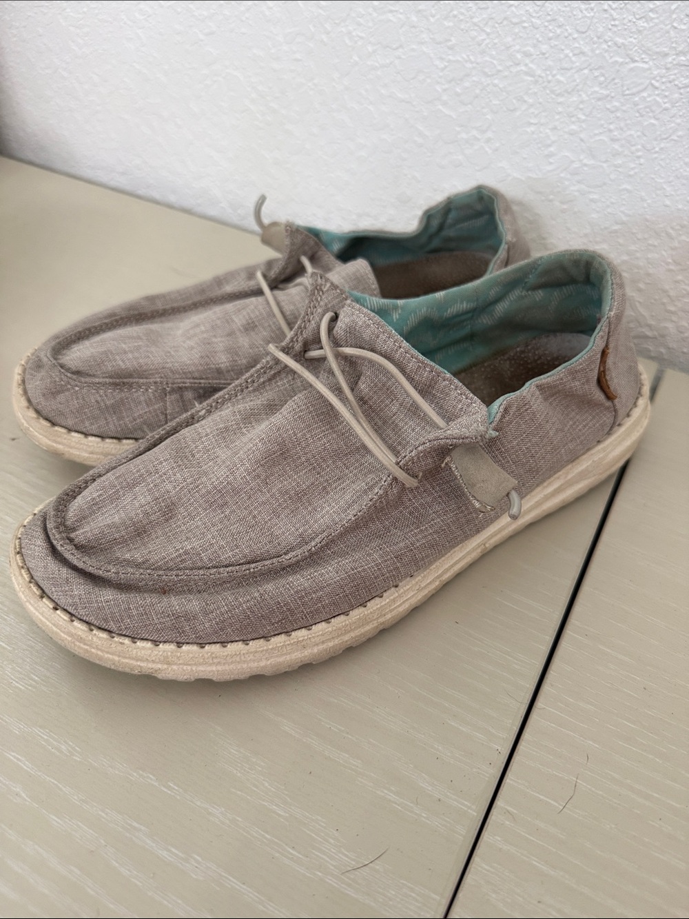Hey Dude Women’s Taupe Linen-Look Slip-On Loafers with Teal Lining